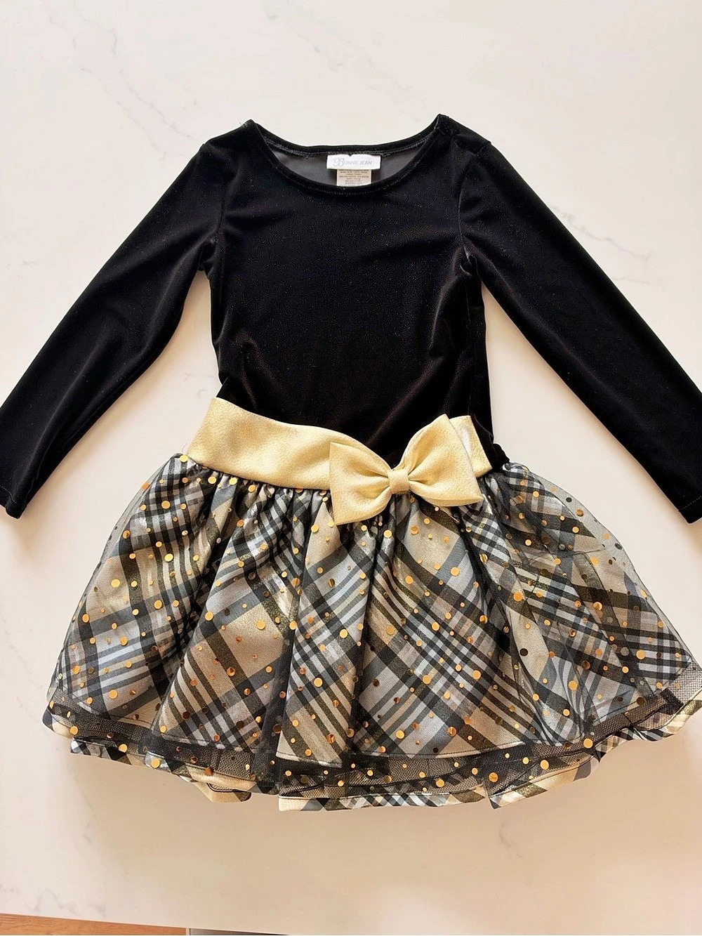 Bonnie Jean Plaid Party Dress in Black & Gold Size 5